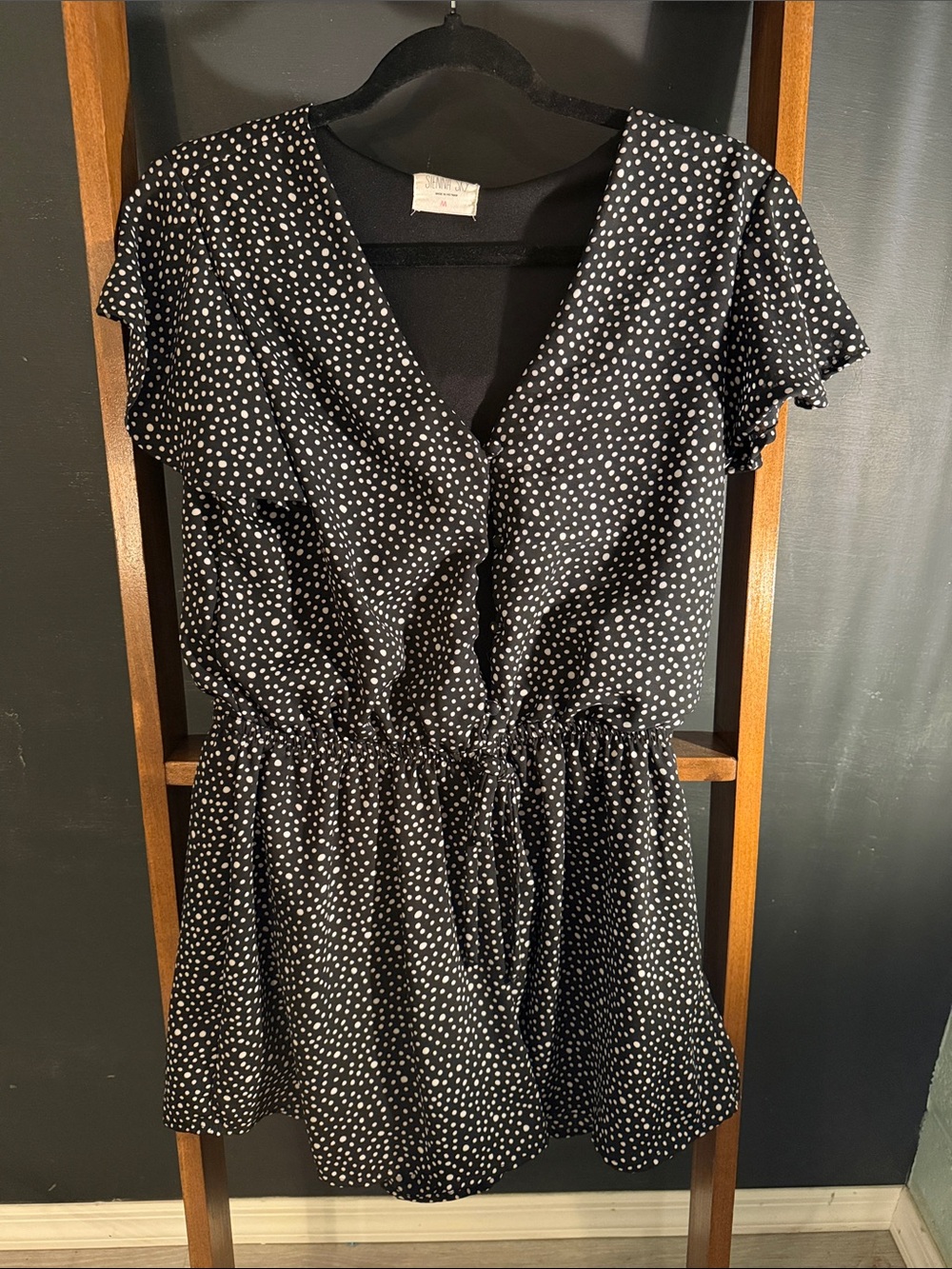 Sienna Sky Polka Dot V-Neck Black Dress with Tie Waist
